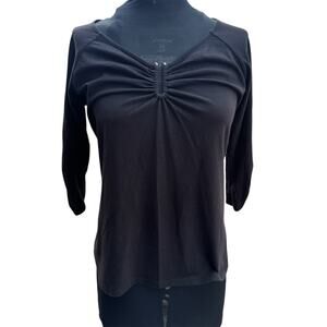 BISOU BISOU Women Large Black Top Pleated V Neck Ruched 3/4 Sleeve Feminine Sexy